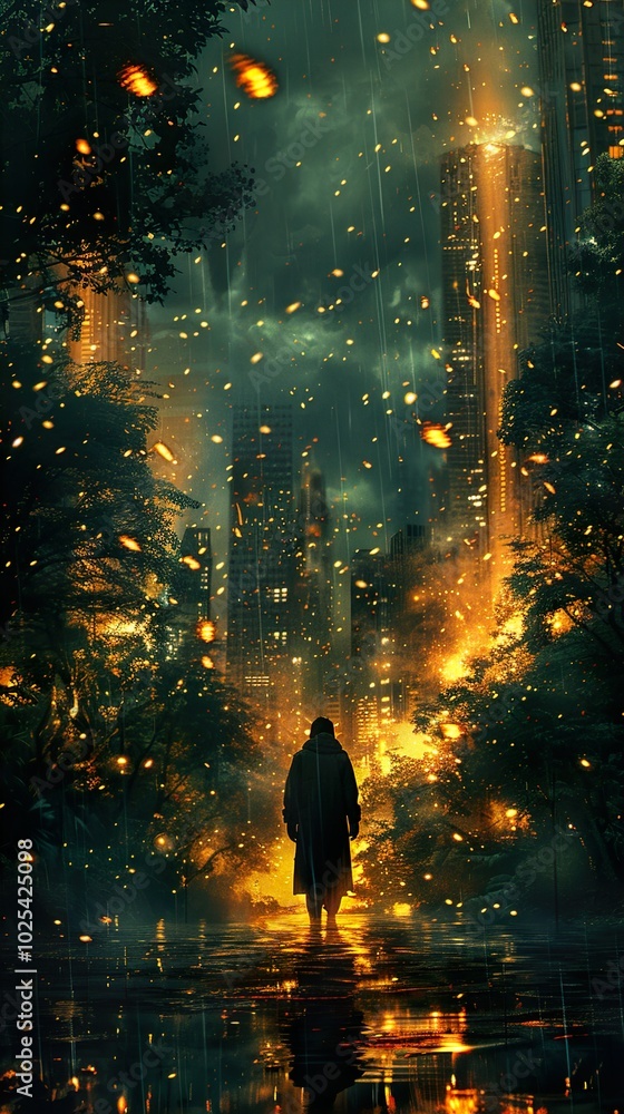Silhouette of a Man Walking in a Rainy Cityscape Silhouette of a Man Walking in a Rainy Cityscape
