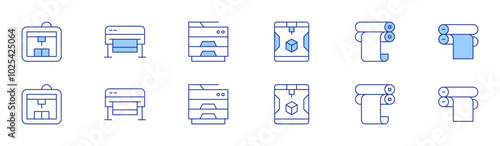 Printer icon set in two styles, Duotone and Thin Line style. Editable stroke. cloud printing, mobile printing, print server, duplex printing, print queue, ink cartridge