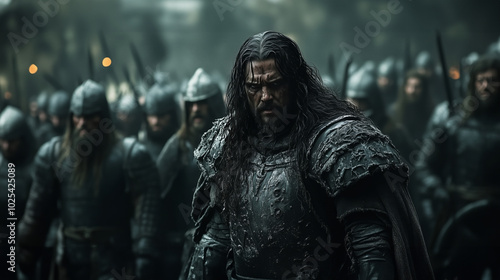 Cinematic shot of an army of vikings with long hair and beards wearing metal helmets holding round shields on the left side