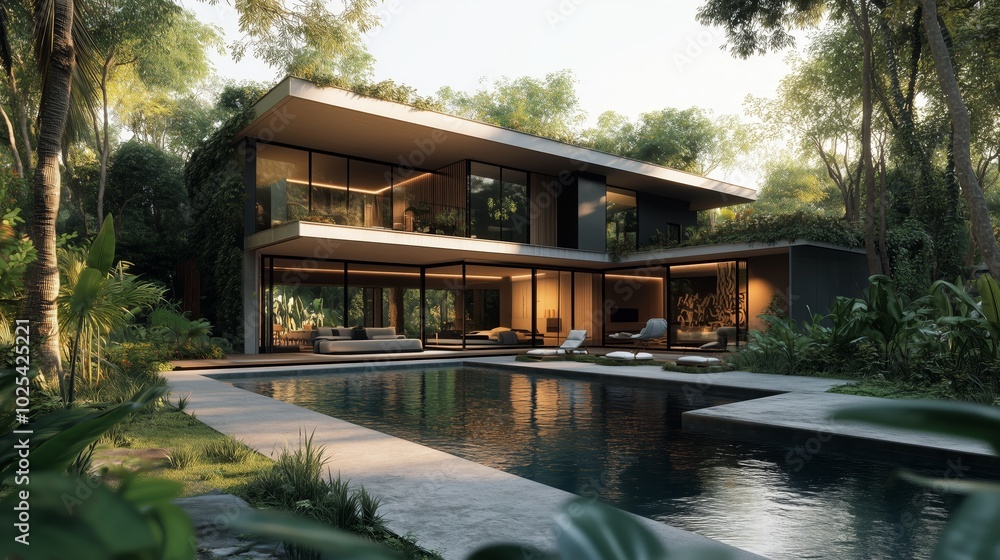 modern minimalistic mediterranean villa with a pool, light beige tones, terracotta tile roof and walls modern minimalistic mediterranean villa with a pool, light beige tones, terracotta tile roof and walls