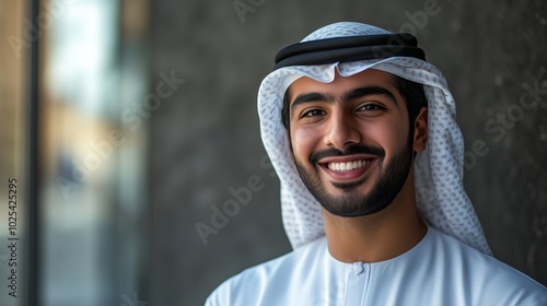 Portrait of a smiling young Emirati man wearing a white thobe standing over a grey background with copy space photo