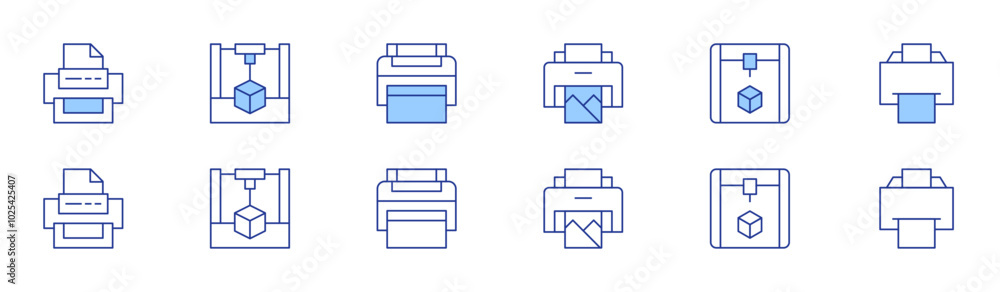 Printer icon set in two styles, Duotone and Thin Line style. Editable stroke. print setup, 3d printing, print monitor, print banner, print quality, print security.-1 Printer icon set in two styles, Duotone and Thin Line style. Editable stroke. print setup, 3d printing, print monitor, print banner, print quality, print security.-1