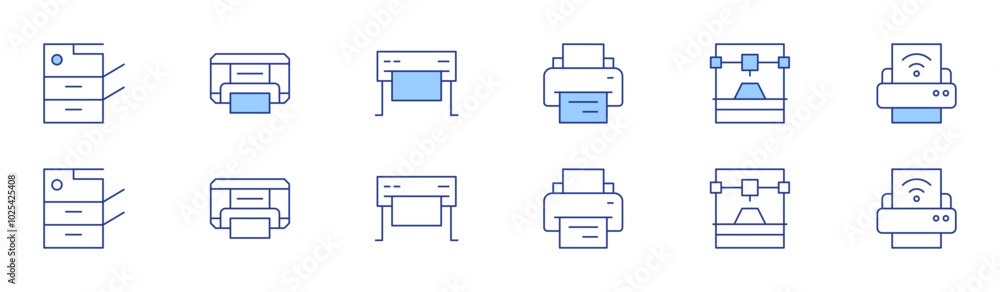 Printer icon set in two styles, Duotone and Thin Line style. Editable stroke. print software, print from phone, print catalog, print margins, add, bone Printer icon set in two styles, Duotone and Thin Line style. Editable stroke. print software, print from phone, print catalog, print margins, add, bone