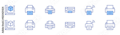 Printer icon set in two styles, Duotone and Thin Line style. Editable stroke. print ticket, print calendar, mobile printing, print head, print brochure, print queue