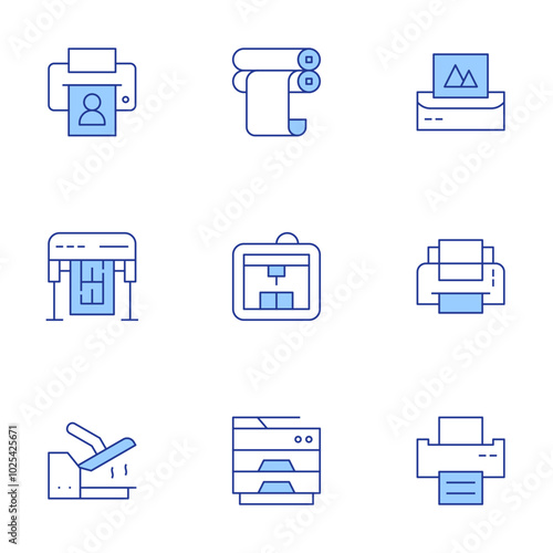 Printer icons set. Line Duotone style, editable stroke. print chart, print diagram, photocopier, print cylinder, print menu