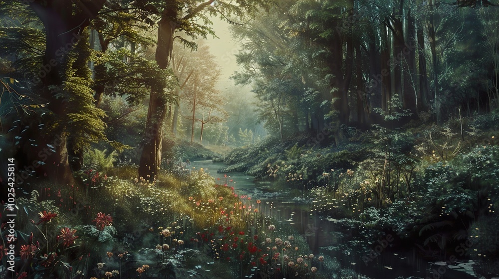Enchanting Forest Stream: Lush Greenery and Sunlight Enchanting Forest Stream: Lush Greenery and Sunlight