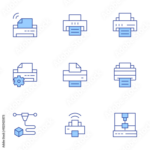 Printer icons set. Line Duotone style, editable stroke. wifi, settings, printing, printer