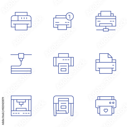 Printer icons set. Thin Line style, editable stroke. all-in-one printers, laser vs inkjet printers, printer paper types