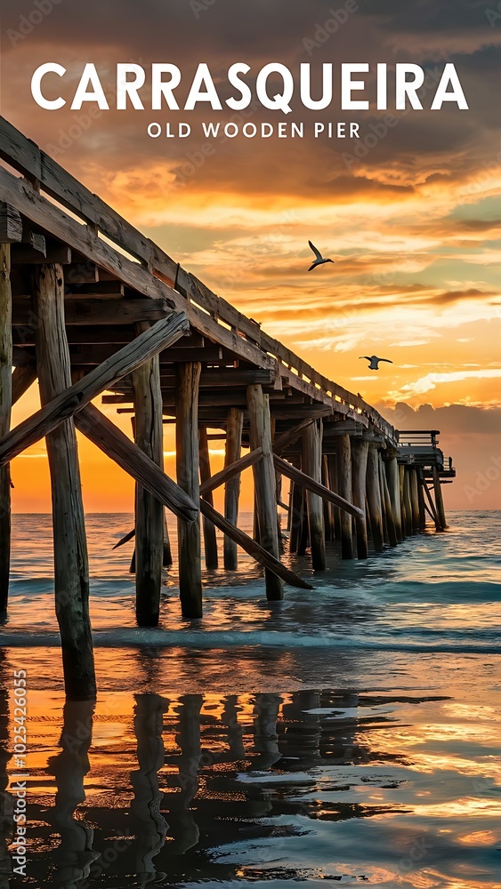 Fototapeta premium Carrasqueira old wooden pier at sunset, Soain