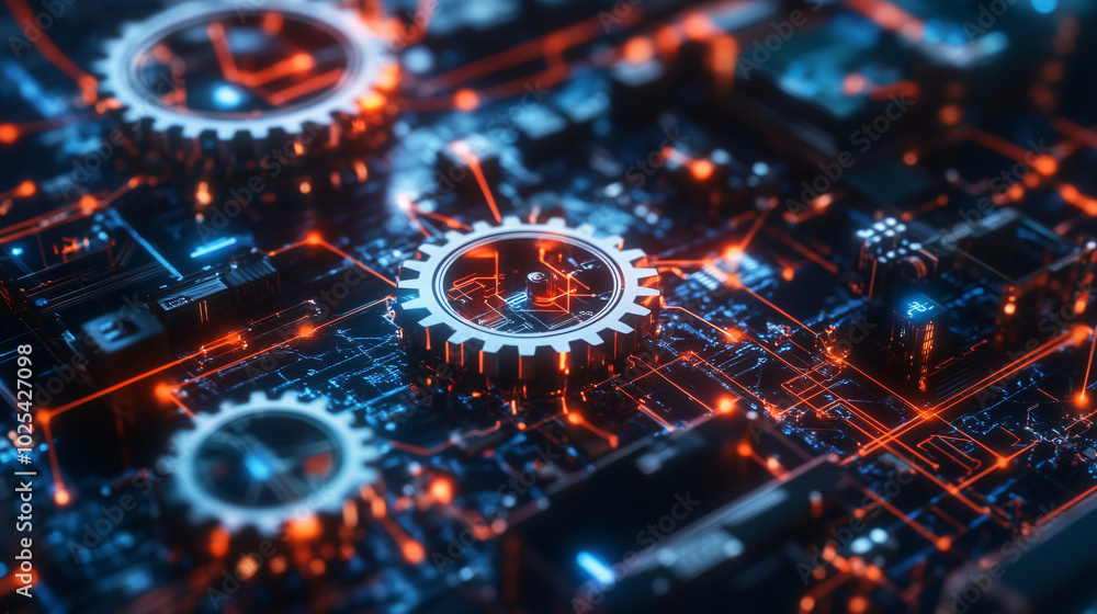 interconnected gears and circuitry symbolizing synergy between technology and business interconnected gears and circuitry symbolizing synergy between technology and business