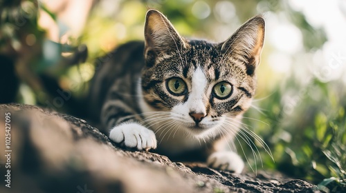 An adorable and fluffy cute cat, sitting with a playful expression. This charming feline captures the essence of cuteness with its soft fur, bright eyes, and endearing pose, 