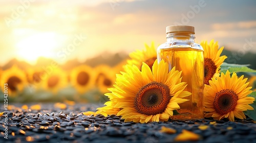 Sunflower oil bottle surrounded by sunflowers.