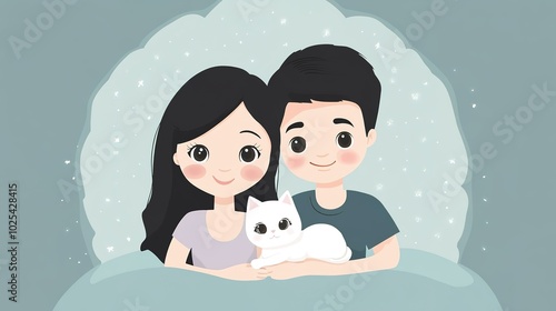 A cute cartoon-style illustration of a loving couple with black hair, holding their newborn baby while a little white cat sits beside them. The warm, family-friendly scene captures the joy and tendern photo