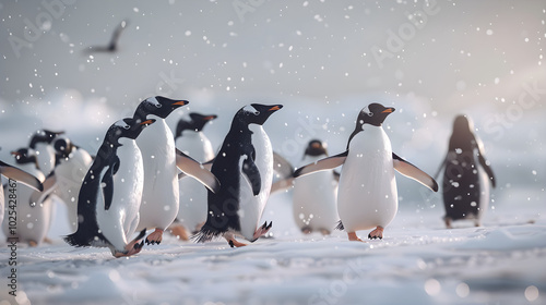 Charming Penguin Parade: A Heartfelt Display of Nature's Tuxedoed Walkers in a Wintry Wonderland