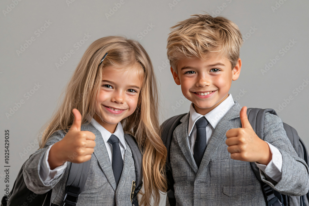 boy and girl in school uniforms giving thumbs up, backpacks and school supplies boy and girl in school uniforms giving thumbs up, backpacks and school supplies