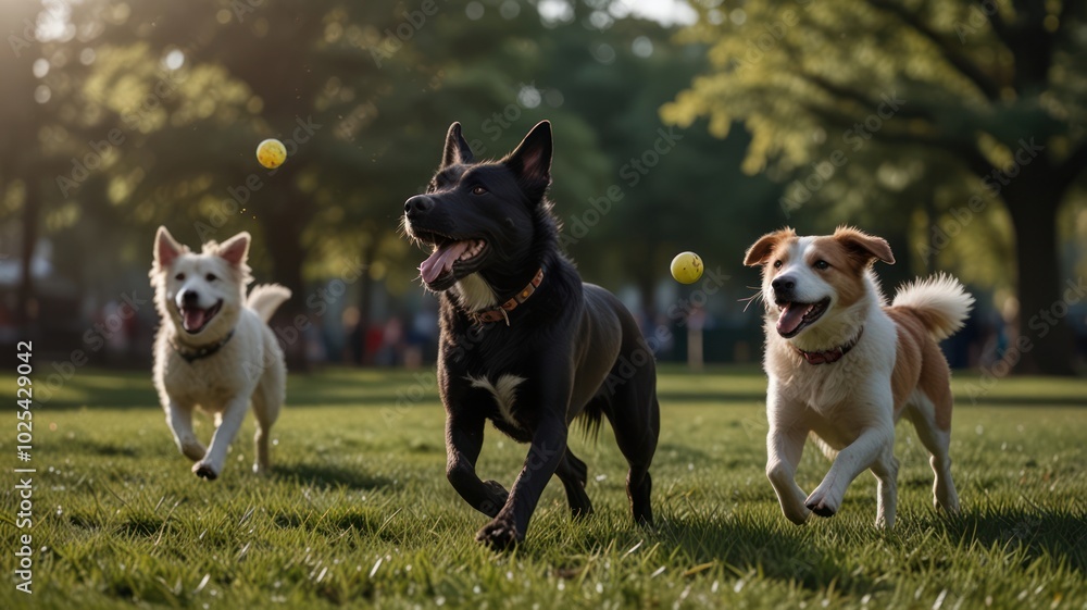 Three dogs running in a park, chasing after yellow balls, one dog is black, one is white, and one is brown and white.