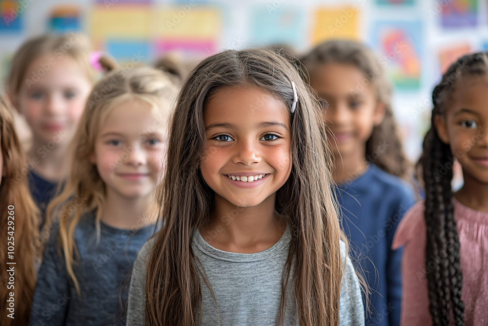 diverse group of elementary school children smiling at camera, classroom setting with colorful educational posters diverse group of elementary school children smiling at camera, classroom setting with colorful educational posters