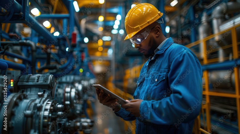 Industrial Worker Using Tablet in Manufacturing Facility Industrial Worker Using Tablet in Manufacturing Facility