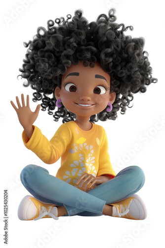 Smiling Girl With Curly Hair Waving Hello. isolated on transparent background