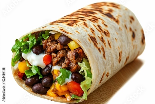 Hearty burrito filled with seasoned beef, black beans, cheese, lettuce, and sour cream, wrapped in a grilled flour tortilla isolated