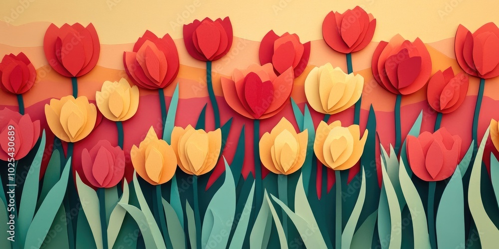 Fototapeta premium Vibrant background of red and yellow tulips, Colorful display of red and yellow tulips in a vibrant setting