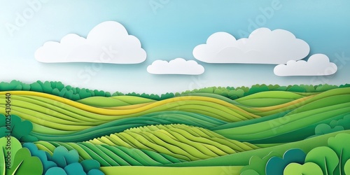 Scenic green field under a bright blue sky with gentle clouds Captivating agricultural scenery, Vibrant green field under a clear blue sky with soft clouds elegant countryside landscape