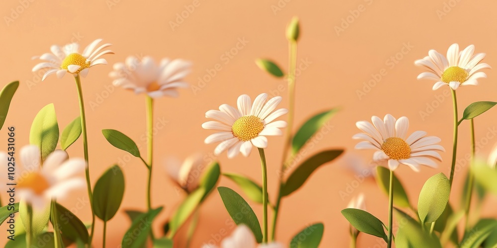 Abstract floral aesthetic backdrop featuring vibrant chamomile flower buds and leaves set against a soft peach background Ideal for floral-themed designs Flat lay composition Abstract floral aesthetic backdrop featuring vibrant chamomile flower buds and leaves set against a soft peach background Ideal for floral-themed designs Flat lay composition