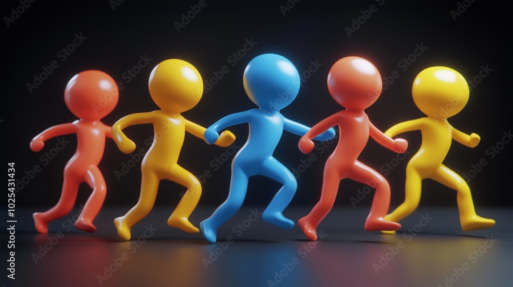 A group of 5 different colored plastic dolls perform a curious and funny dance A group of 5 different colored plastic dolls perform a curious and funny dance