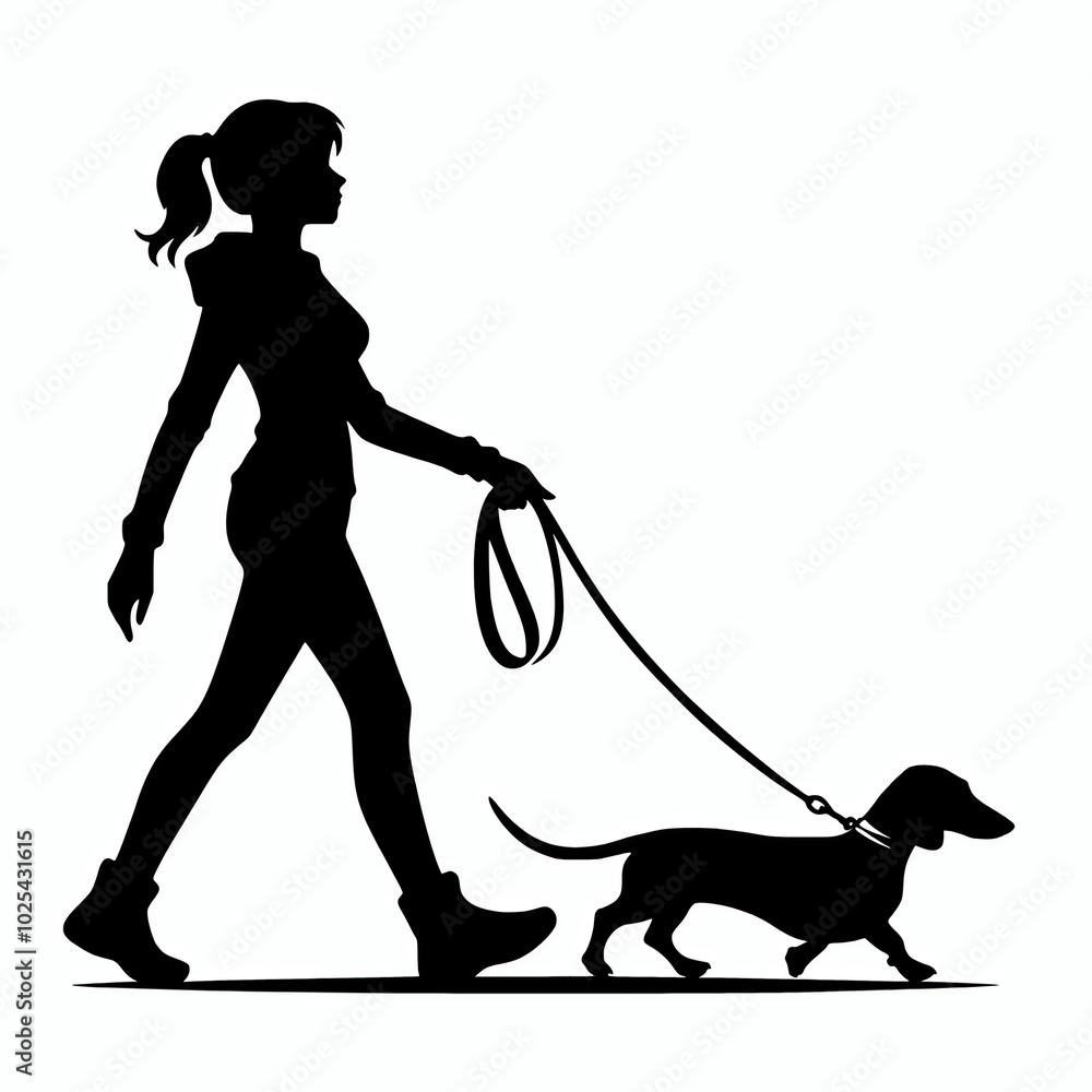 A woman walking a dachshund dog with leash on hand black silhouette vector illustration, wiener sausage dog clip art element A woman walking a dachshund dog with leash on hand black silhouette vector illustration, wiener sausage dog clip art element