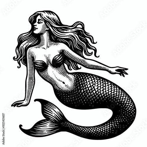 Vintage illustration of a beautiful mermaid posing on white background