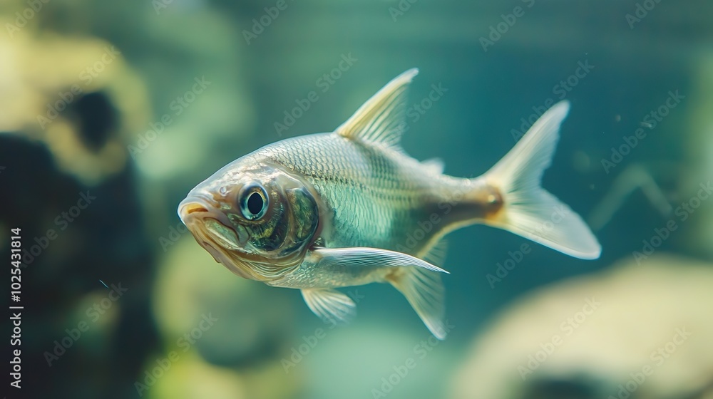 Naklejka premium A flying fish gliding gracefully above the water, captured mid-air with its fins extended. The fish's shimmering scales reflect the sunlight as it takes flight, showcasing the beauty and agility 