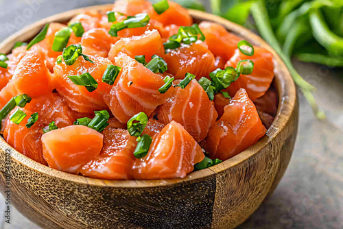 lomi lomi salmon in traditional wooden bowl, garnished with green onions photo