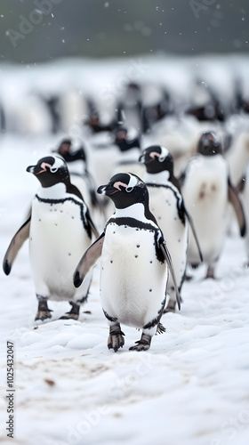 Charming Penguin Parade: A Heartfelt Display of Nature's Tuxedoed Walkers in a Wintry Wonderland