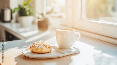 Wallpaper Mural A cup of coffee and a pastry on a white plate on a table by a window. Torontodigital.ca