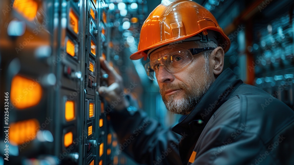 Technician Working in Control Room with Safety Gear Technician Working in Control Room with Safety Gear