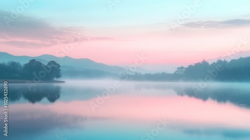 Wallpaper Mural Serene sunrise over a misty lake, with mountains in the background. Torontodigital.ca