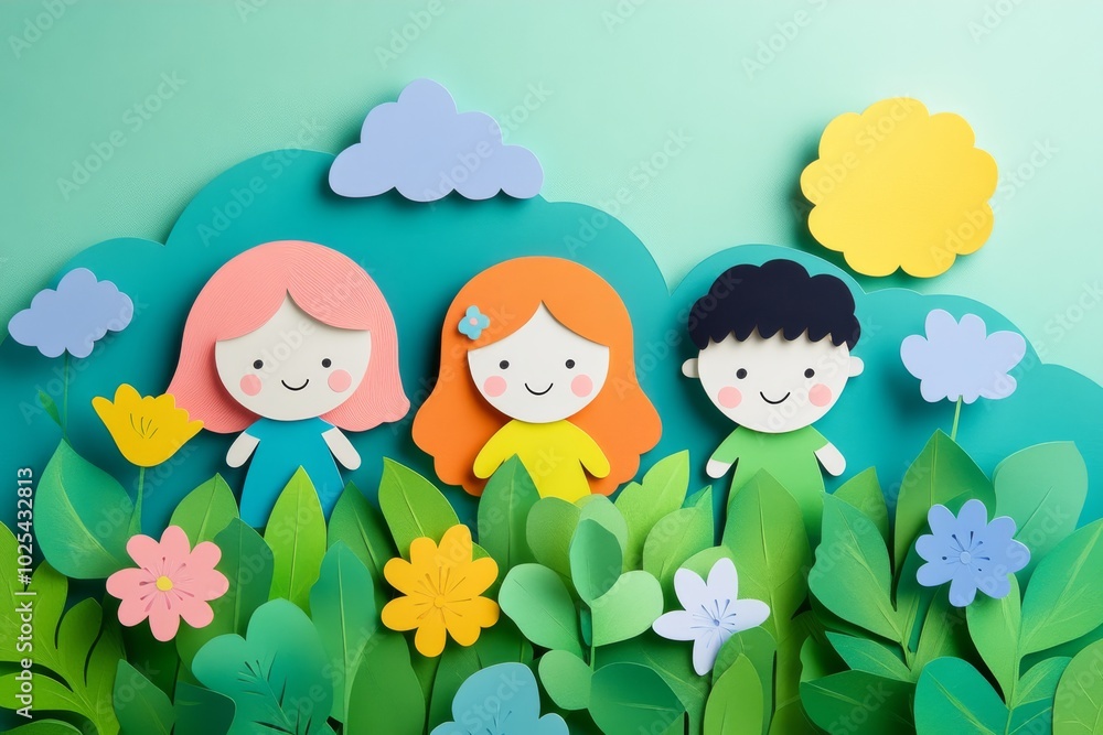 Paper Cutout Kids in Spring Garden with Flowers and Sun Paper Cutout Kids in Spring Garden with Flowers and Sun