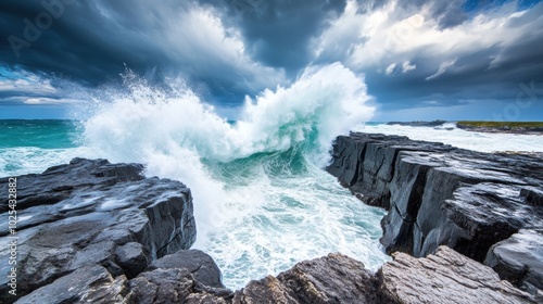 Dramatic Ocean Wave Crashing on Rocky Shoreline photo