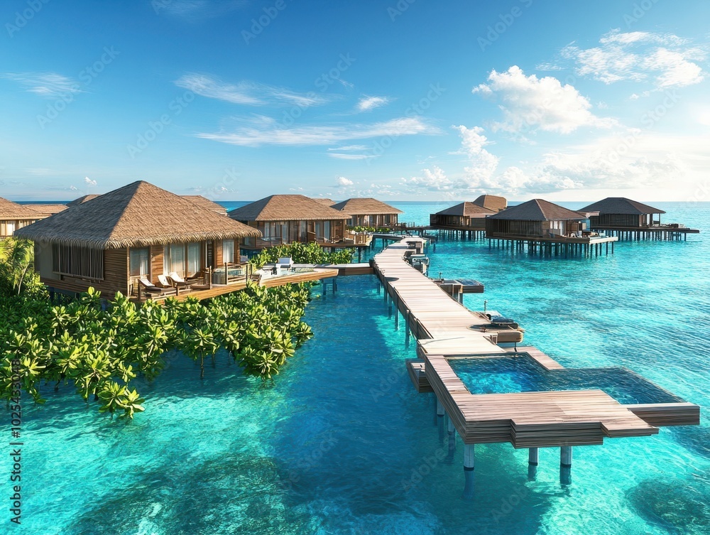 Overwater Bungalows with Wooden Walkway in Tropical Paradise