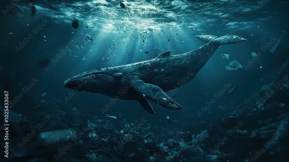 Fototapeta premium Whale Swimming Among Ocean Pollution Debris