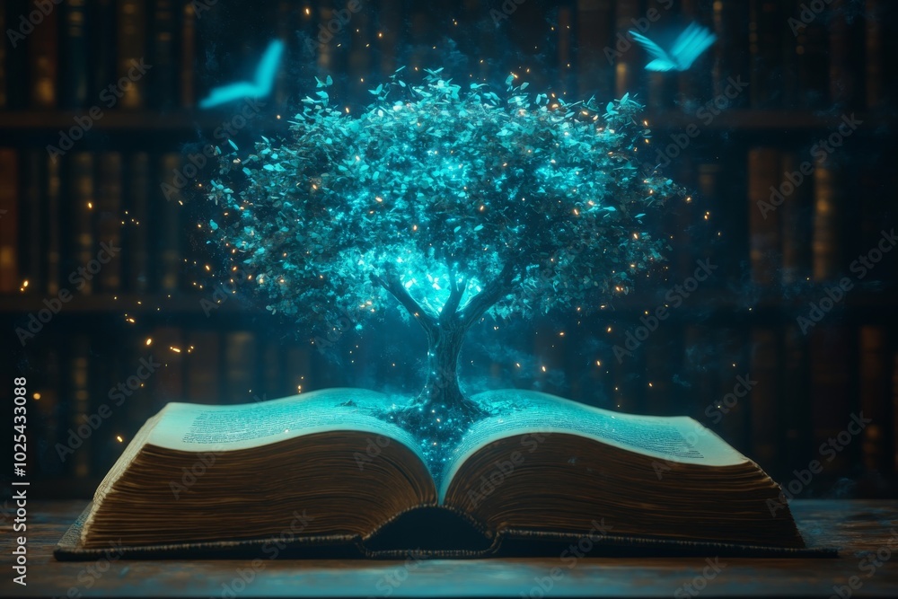 Fototapeta premium Glowing Tree Growing From Book With Magic Dust And Butterflies