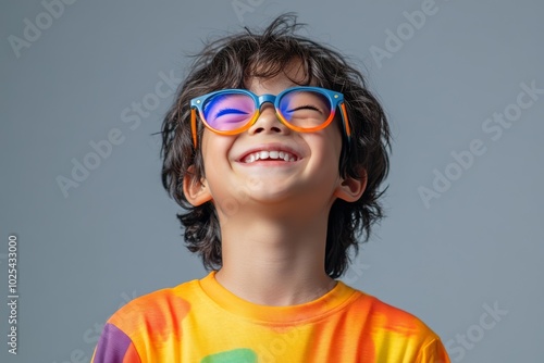 Happy Boy Wearing Colorful Glasses and a Tie Dye Shirt Looking Up