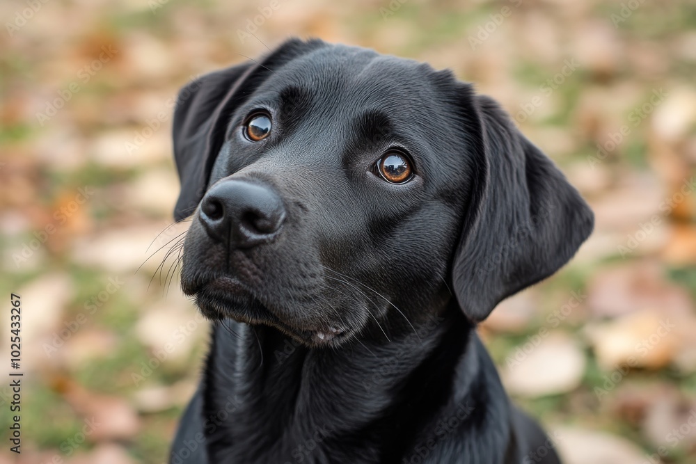 Black Labrador Retriever Dog Looking Up Close Up Portrait Black Labrador Retriever Dog Looking Up Close Up Portrait