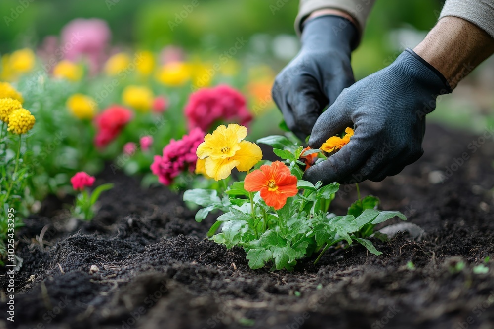 Fototapeta premium Closeup of Hands in Black Gloves Planting Flowers in Garden Soil