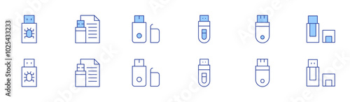 Usb flash drive icon set in two styles, Duotone and Thin Line style. Editable stroke. data recovery, memory stick, portable SSD, read-only, file system
