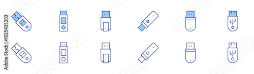 Usb flash drive icon set in two styles, Duotone and Thin Line style. Editable stroke. thumb drive, OTG cable, partition, encryption software