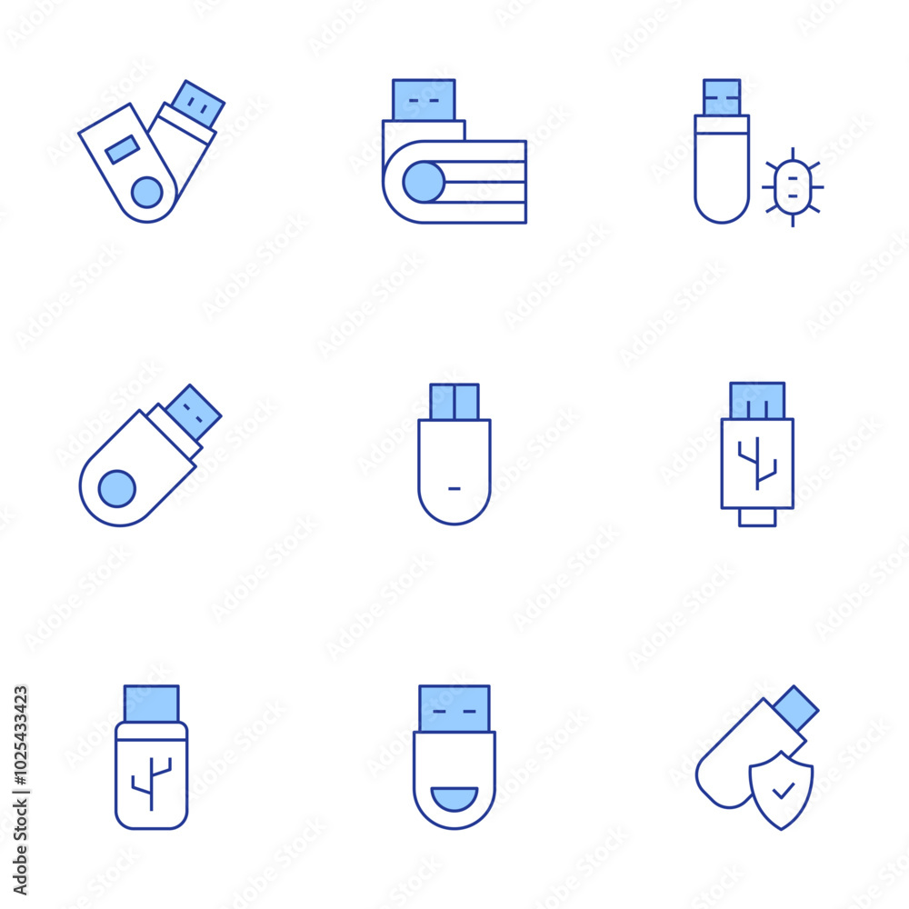 Usb flash drive icons set. Line Duotone style, editable stroke. portable storage, USB extension cable, USB stick virus