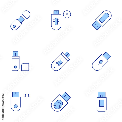 Usb flash drive icons set. Line Duotone style, editable stroke. thumb drive, USB OTG cable, USB read-only, encryption software