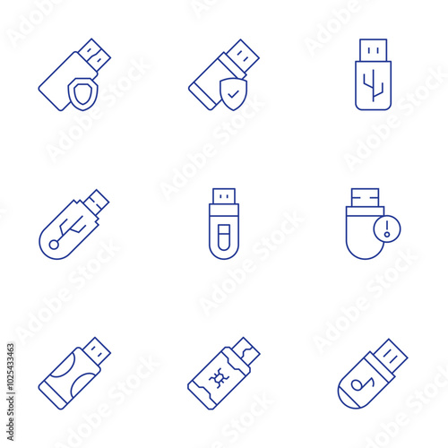 Usb flash drive icons set. Thin Line style, editable stroke. data backup, OTG USB, USB drive troubleshooting, USB formatting, USB drive speed photo