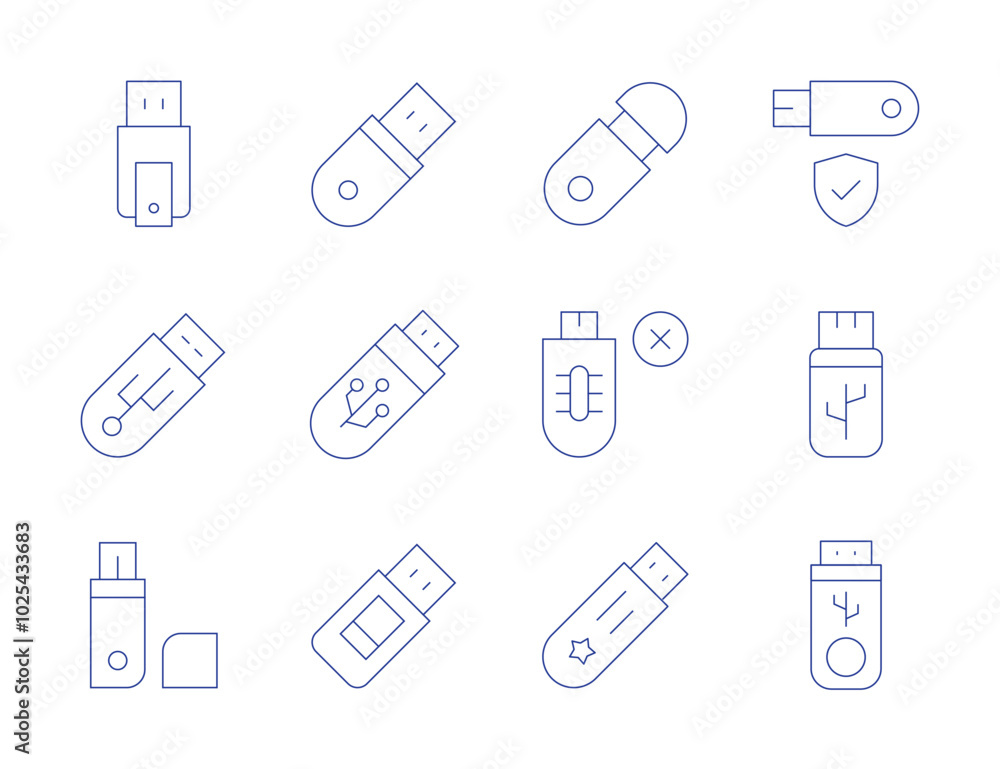 Usb flash drive icons. Thin Line style, editable stroke. USB drive for Mac, USB drive benchmark Usb flash drive icons. Thin Line style, editable stroke. USB drive for Mac, USB drive benchmark